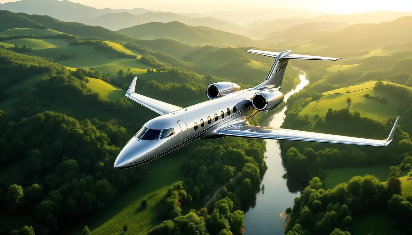 A private jet flying over a green landscape, symbolizing sustainability in aviation.