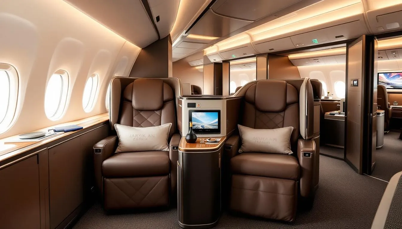 Japan Airlines' Airbus A350-1000 first class suite with a comfortable seating arrangement.