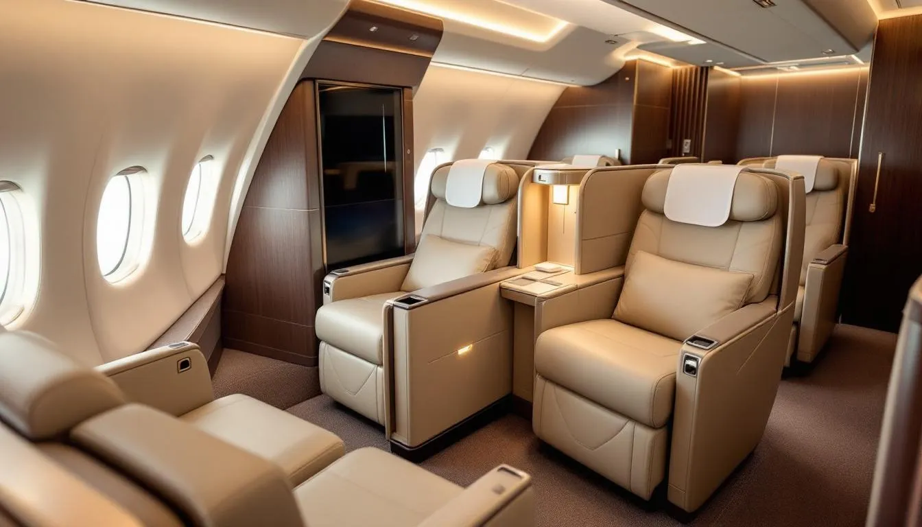 An elegant first class cabin on Emirates' Boeing 777-300ER showcasing spacious seats.