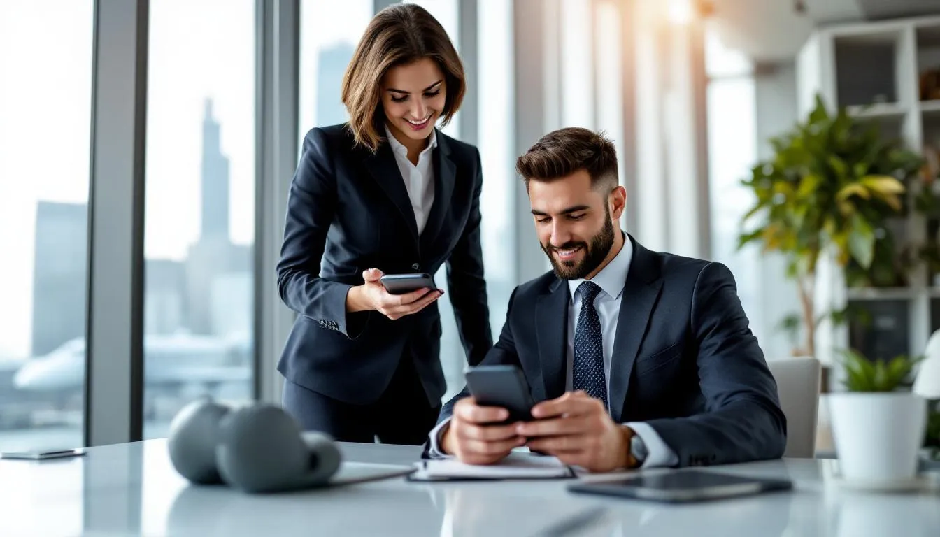 A group of business executives is gathered around a table, using a mobile app to book private jet charters for their upcoming travel. The scene highlights the convenience of on-demand charter services in the private aviation industry, showcasing the modern approach to luxury air travel.