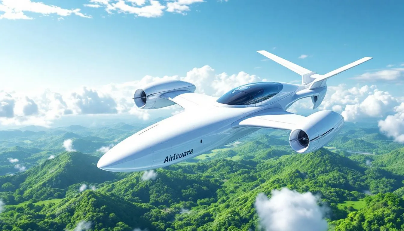 The image depicts a modern sustainable aircraft designed with advanced environmental efficiency features, showcasing its sleek design and innovative technology. This aircraft represents the future of private aviation, emphasizing the importance of eco-friendly solutions in the private jet charter industry.