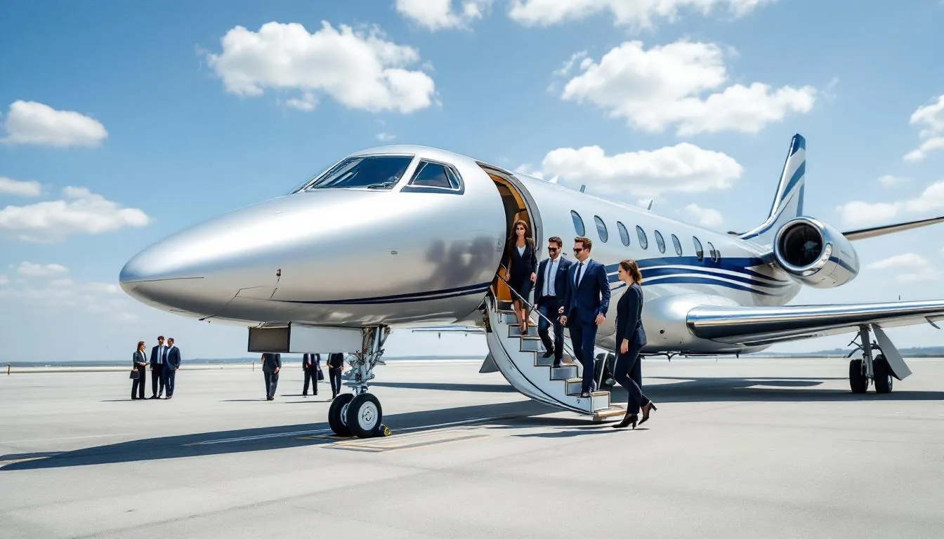 A modern private jet is positioned on the tarmac as business executives in formal attire board the aircraft, highlighting the luxury and convenience of private aviation. This scene represents the operational excellence of top private jet charter companies in the USA, catering to high net worth individuals and offering tailored solutions for on-demand charter flights.