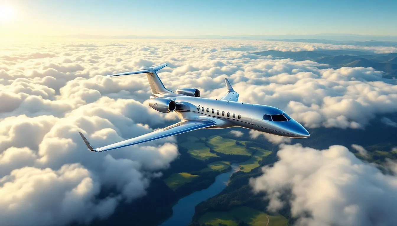A modern private jet soars gracefully above a blanket of fluffy white clouds, with a stunning scenic landscape visible below, showcasing lush greenery and rolling hills. This image captures the essence of private aviation, highlighting the exclusive benefits of private jet membership programs for those seeking luxurious travel experiences.