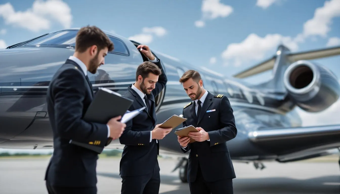 Two pilots are conducting a pre-flight inspection on a modern private jet, ensuring all safety features and systems are functioning properly before takeoff. This meticulous check is essential for the safe operation of luxury business travel in today's advanced fleet of private jets.