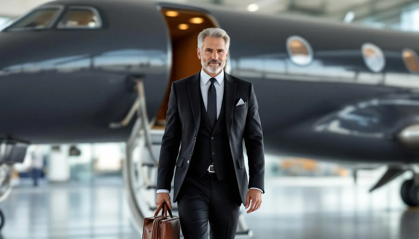 A modern business executive is seen boarding a sleek private jet at a private terminal, showcasing the luxury and efficiency of private travel. The aircraft, part of a modern fleet, is designed for business travel, featuring spacious interiors and advanced safety features for a comfortable flight experience.