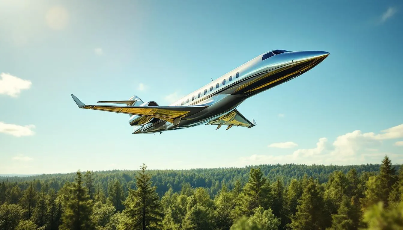 A private jet gracefully flies over a lush forest landscape, highlighting the balance between luxury travel and environmental consciousness. This scene captures the essence of modern private jets, showcasing their elegance while promoting eco-friendly awareness in aviation.