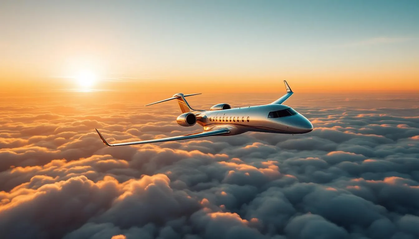 A sleek private jet soars above fluffy clouds during a vibrant sunset, highlighting its luxurious design and modern features. This image captures the essence of private travel, showcasing the elegance and exclusivity of flying in one of the most expensive private jets.