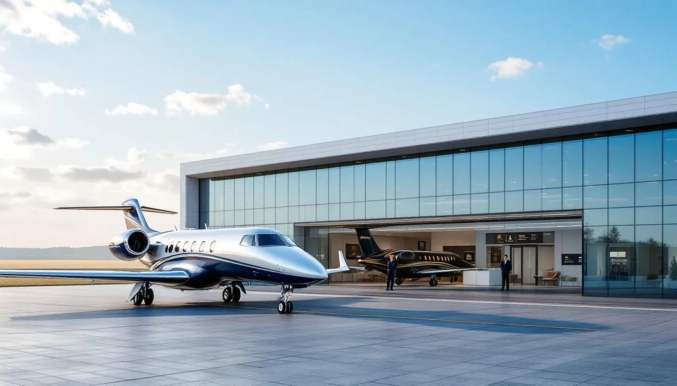The image depicts a modern private aviation terminal with luxury aircraft, including sleek private jets and light jets, parked on the tarmac. This setting highlights the elegance of private travel, showcasing the spaciousness and advanced features of these expensive private jets, ideal for business travel and long-range flights.