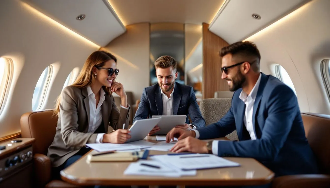 In a luxurious private jet cabin, business travelers are seated comfortably as they review important documents, surrounded by modern amenities and ample space. The interior reflects the sophistication of expensive private jets, making it an ideal setting for productive business travel.