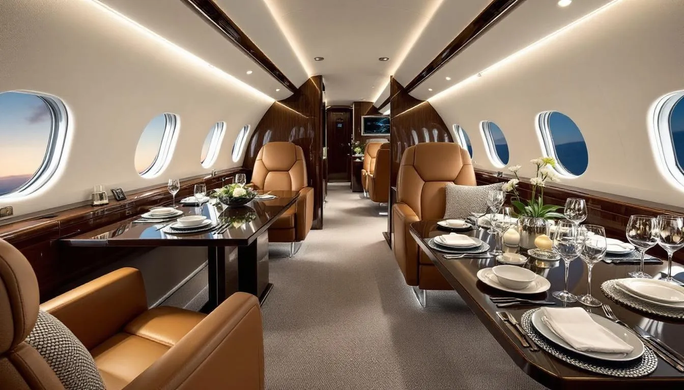 The image showcases the luxurious interior of a private jet, featuring a spacious conference area and an elegant dining space designed for business travel. This modern cabin emphasizes comfort and style, making it an ideal setting for meetings and relaxation during flights.