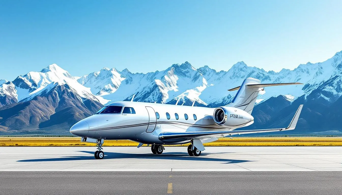 A light private jet is positioned on the runway of a small airport, with majestic mountains rising in the background, highlighting the appeal of private travel. This scene captures the essence of business jets, offering a glimpse into the world of luxury aviation and the convenience of flying away from commercial airlines.