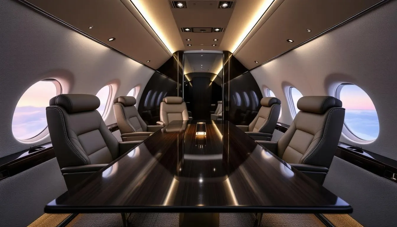The image depicts the luxurious interior of a private jet, featuring a sleek conference table set up for business meetings, highlighting the spacious cabin designed for private travel. This elegant environment is ideal for executive liners, providing enough space for passengers to conduct meetings in comfort while enjoying the safety features of modern private jets.