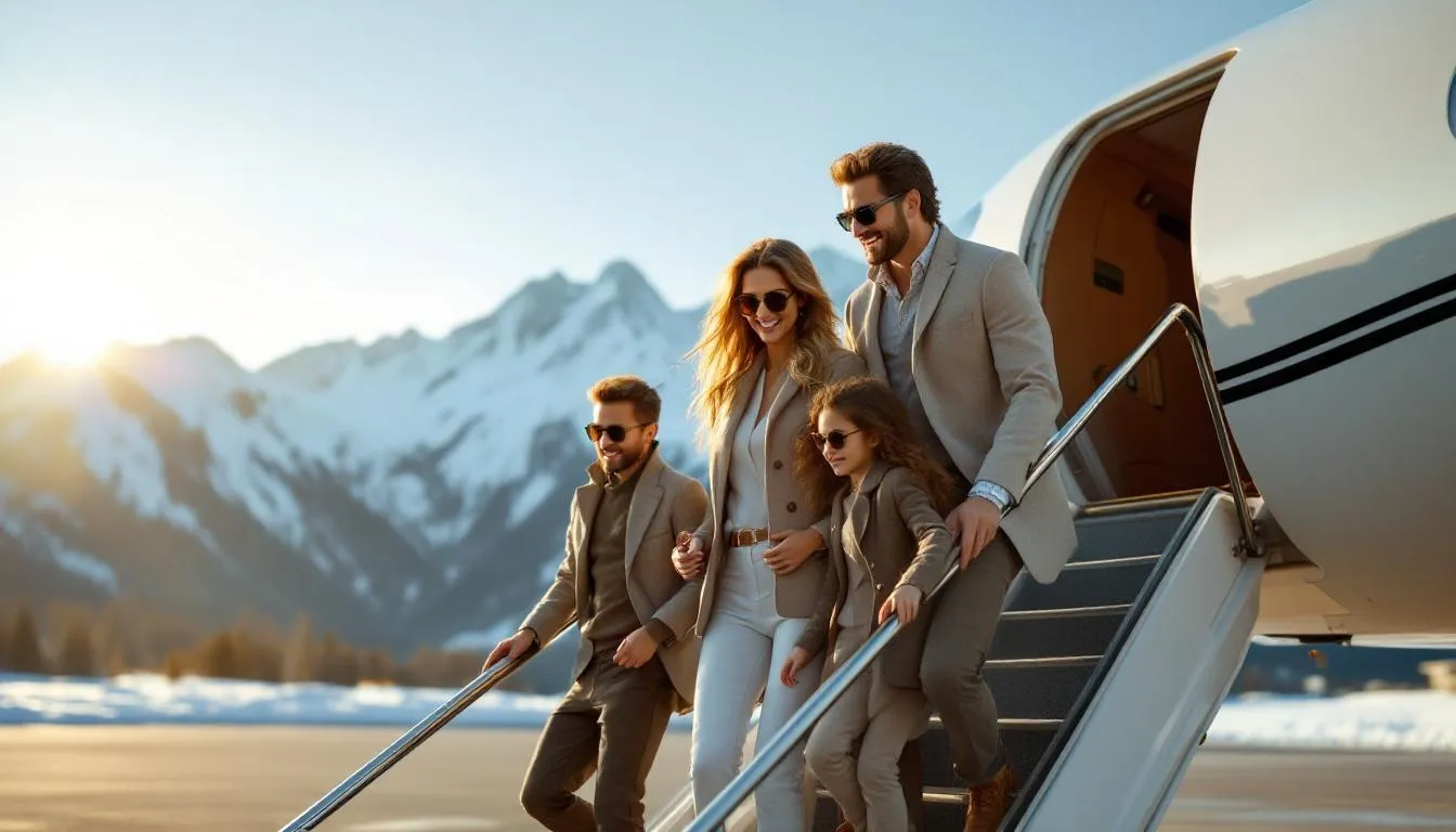 A luxury family is boarding a private jet at a scenic airport surrounded by mountains, showcasing the spacious cabin and modern amenities designed for family air travel. The image highlights the comfort and convenience of private aviation, ideal for families seeking enjoyable journeys and memorable vacations.