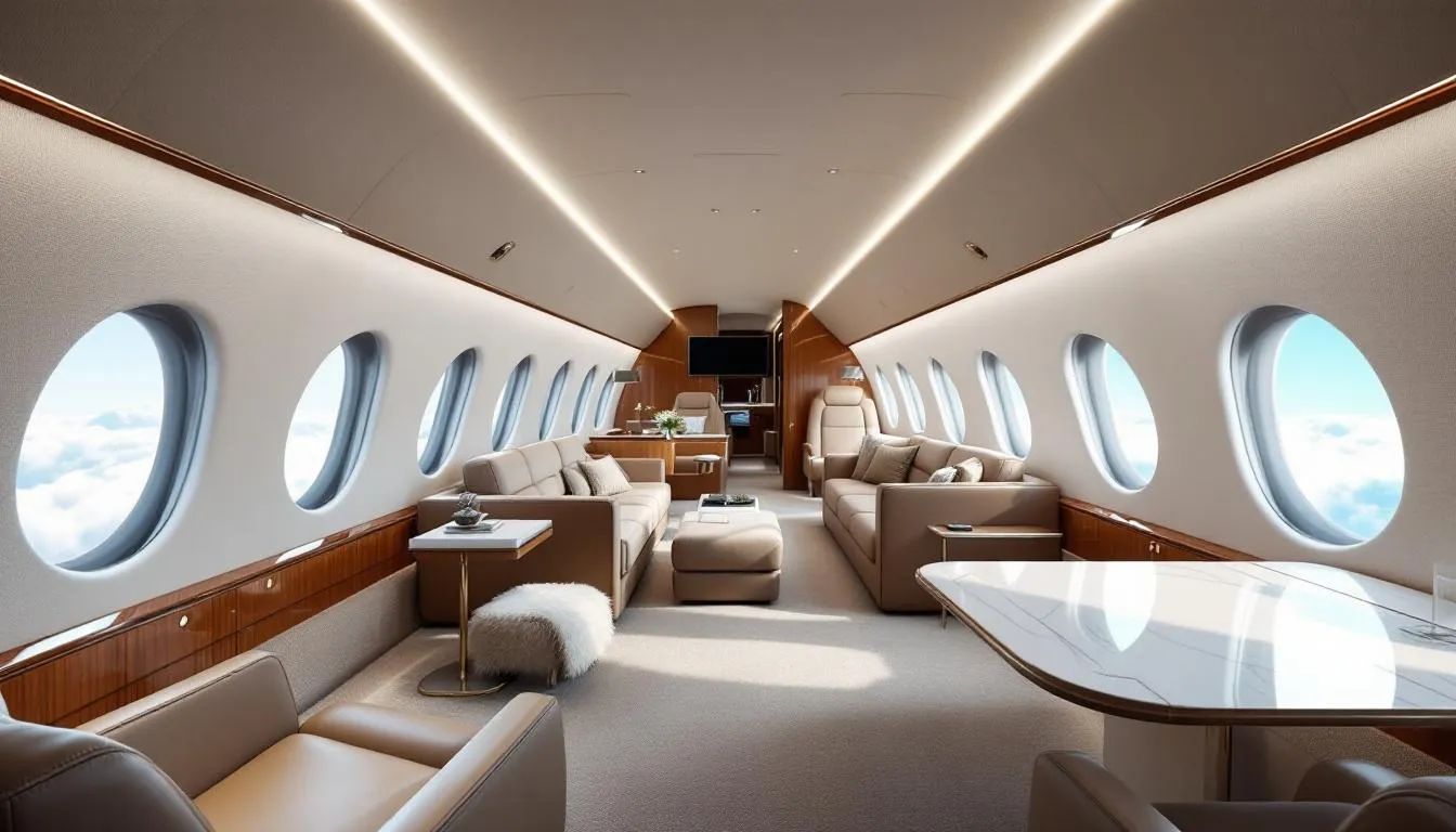 The image depicts a spacious private jet cabin interior featuring five distinct living areas, luxurious amenities, and large windows that enhance the cabin comfort for families seeking a pleasant travel experience. With advanced entertainment systems and comfortable seating arrangements, this modern private jet is ideal for family air travel and long flights.