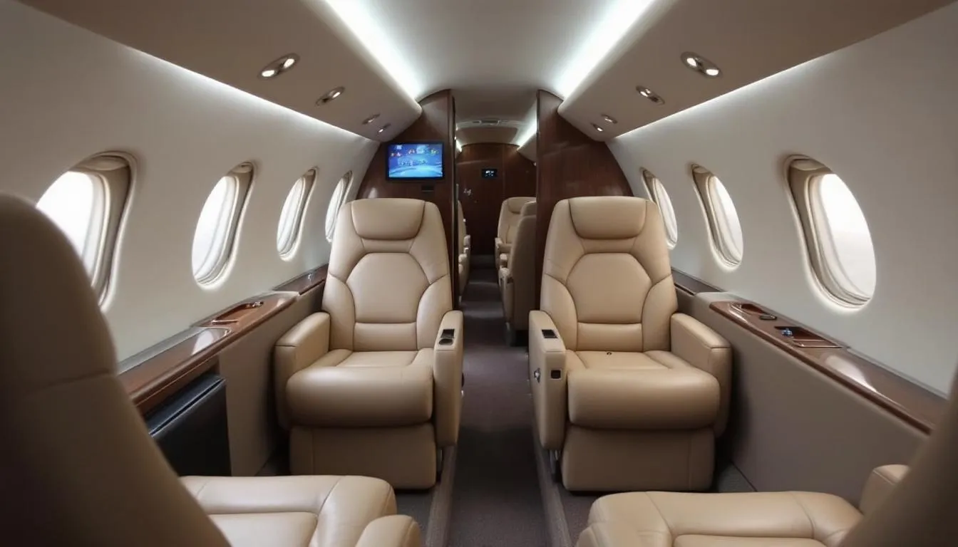 The image depicts the interior of a light jet cabin featuring a club seating arrangement, designed for family air travel, with modern amenities that enhance passenger comfort. The spacious cabin includes advanced entertainment systems and a welcoming atmosphere, making it ideal for families seeking enjoyable journeys on private jets.