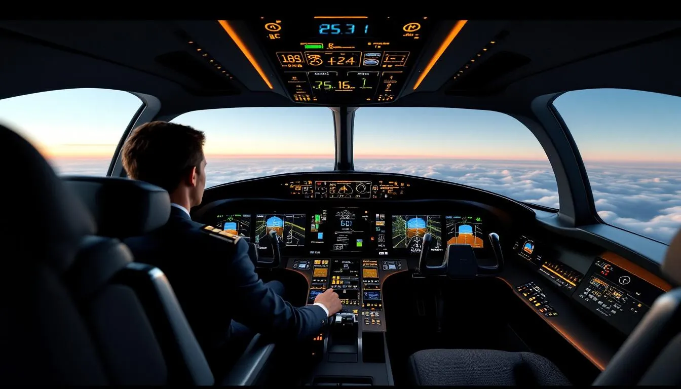The image showcases a modern private jet cockpit filled with advanced avionics and flight management systems, highlighting the cutting-edge technology that enhances private aviation. This sophisticated setup is designed for families seeking comfort and efficiency during their travels, ensuring a pleasant experience on long flights.
