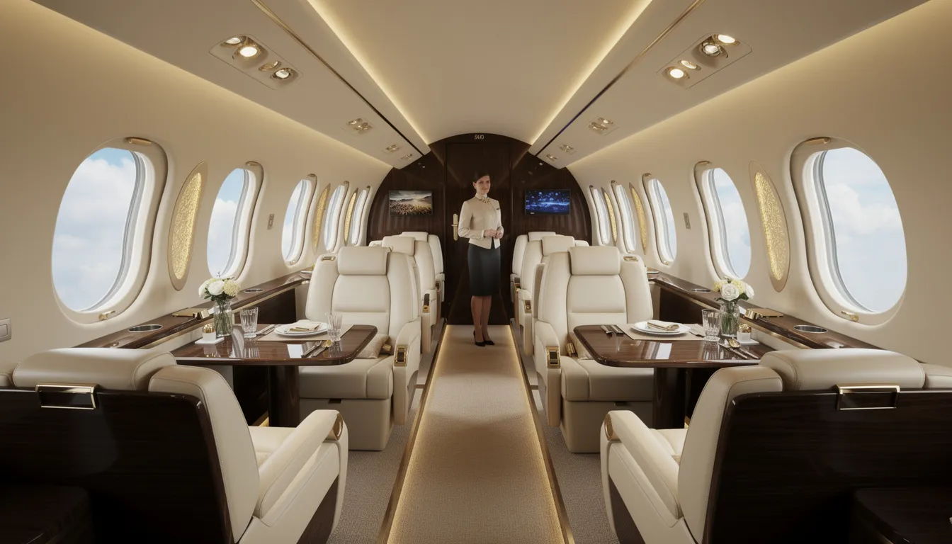 The image depicts a luxurious private jet designed for 20 passengers, featuring a spacious cabin with comfortable seating and advanced technology. This large private jet is ideal for private aviation enthusiasts seeking personalized service and convenience for long haul flights or group trips.