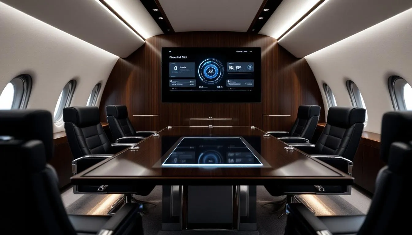 The image depicts an executive conference room inside a private jet, featuring a large oval table surrounded by comfortable seating and a presentation screen mounted on the wall. This luxurious interior is designed to accommodate business meetings while maximizing passenger capacity, providing an ideal space for group travel in a very light jet or midsize jet.