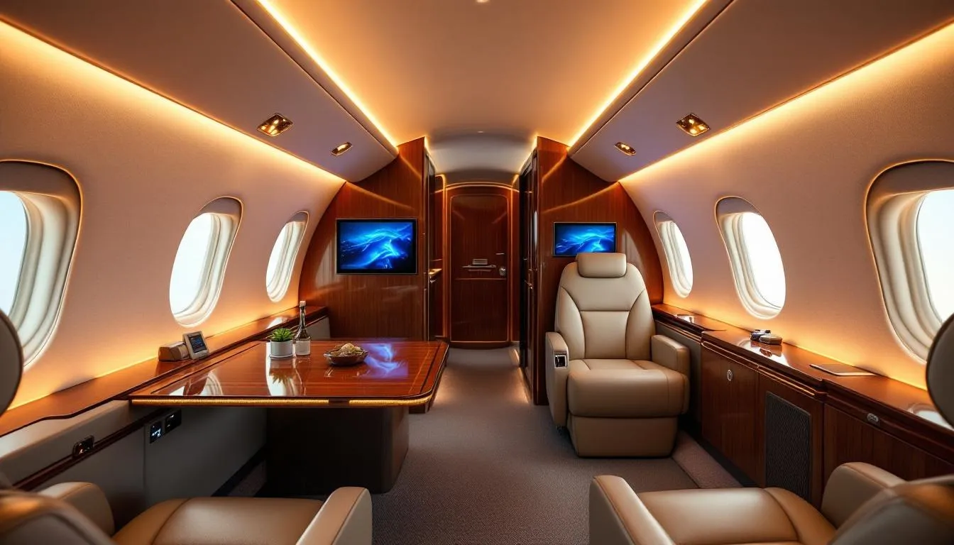 The image depicts a spacious private jet cabin designed for group travel, featuring luxurious conference seating and high-end amenities. This elegant interior is ideal for business trips, accommodating passengers comfortably while maximizing passenger capacity and offering a stylish environment for meetings or relaxation.