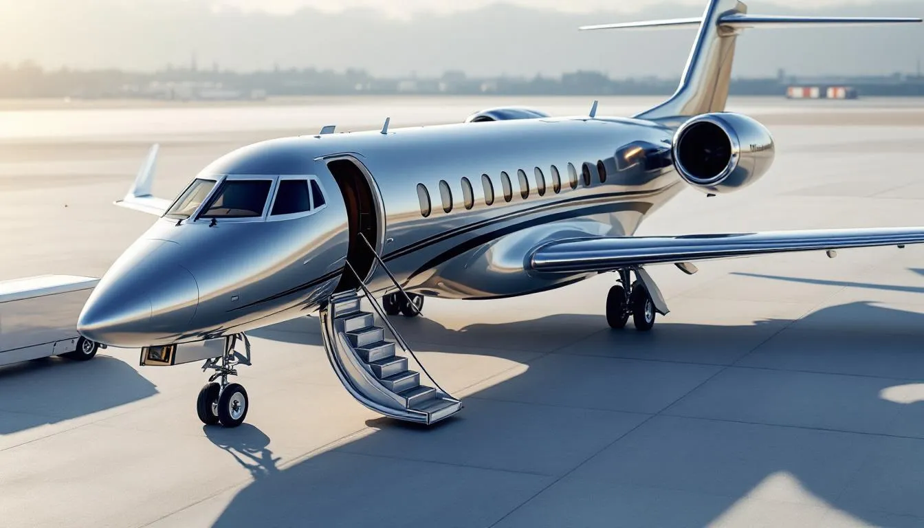 The image depicts a luxurious private jet parked on the tarmac, complete with boarding stairs leading to its spacious cabin designed to maximize passenger capacity. This elegant aircraft offers amenities for comfort and convenience, making it an ideal choice for group travel and incentive trips.