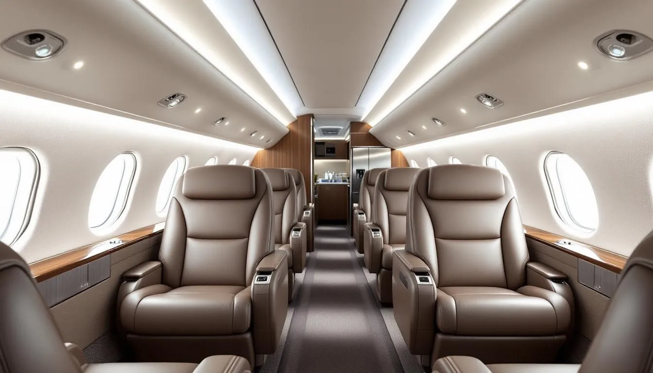 The image depicts the interior of a spacious 30-passenger private jet, showcasing a business class seating configuration designed for comfort and luxury. The elegant cabin features plush seats arranged in a way that allows for ample legroom, ideal for corporate events or group travel on charter flights.