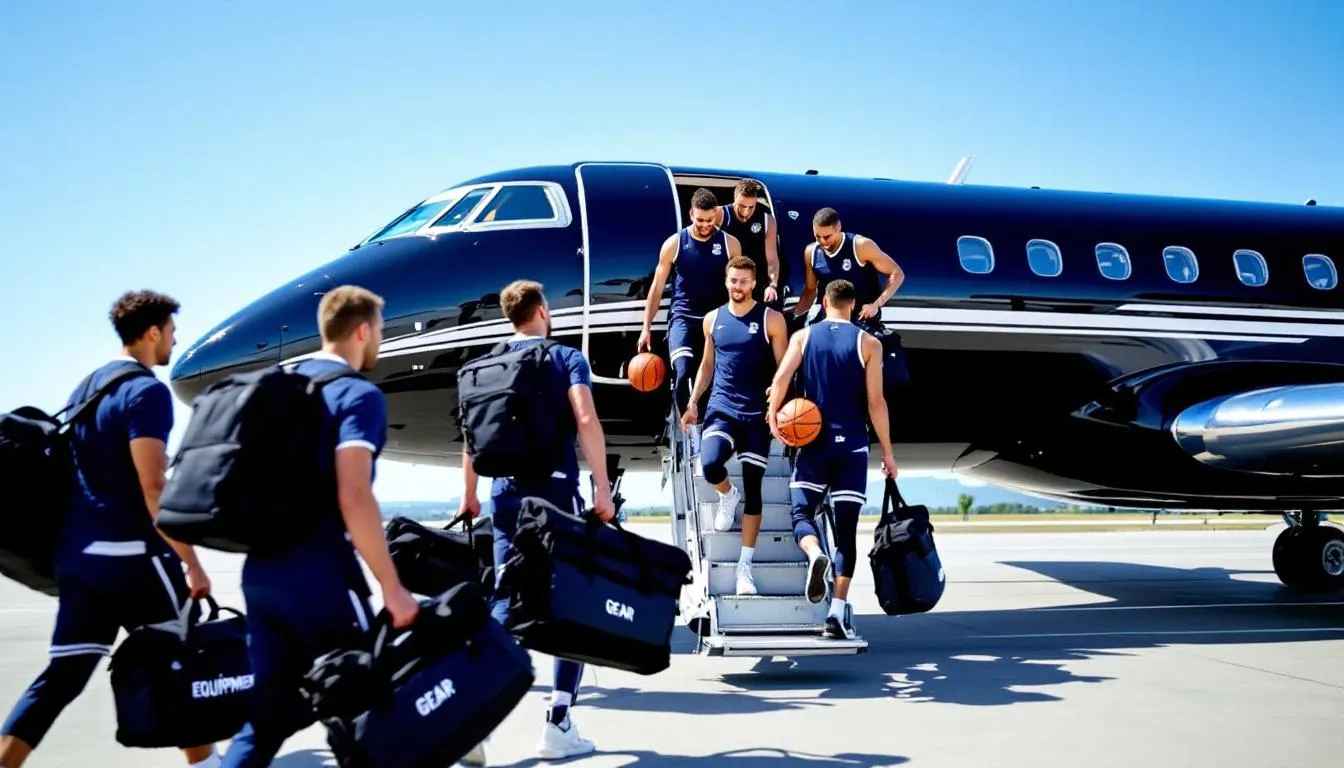A sports team is boarding a 30-passenger private jet charter, surrounded by their equipment bags, ready for their upcoming trip. The spacious cabin of the private aircraft is designed to accommodate large groups, ensuring a comfortable travel experience.