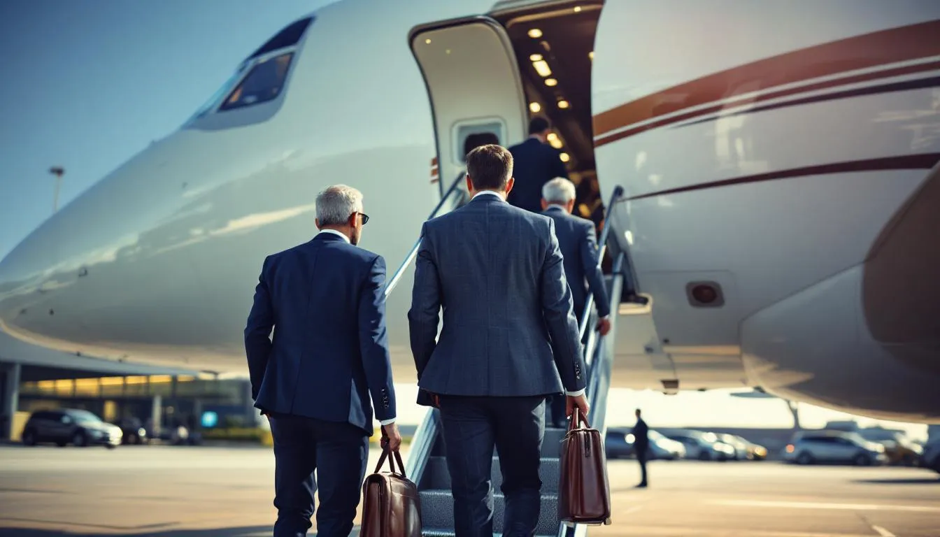 A group of business executives is boarding a spacious Gulfstream aircraft at a smaller airport, ready for their flight. The large cabin private jet offers ample room and luxury amenities, ensuring a comfortable in-flight experience with personalized service from cabin attendants.