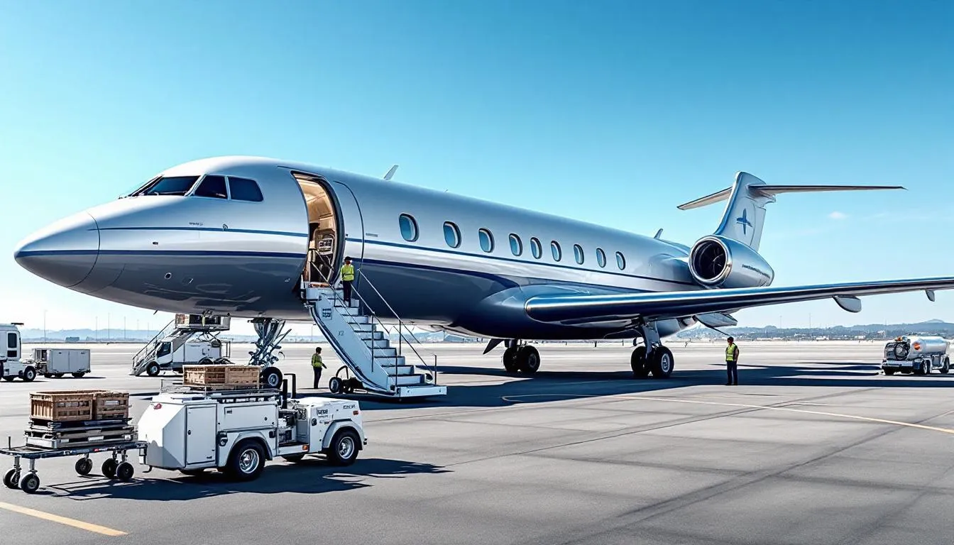 The image depicts a large cabin private jet, specifically a Gulfstream aircraft, parked on an airport tarmac alongside ground support equipment. The jet is designed for comfort and luxury, accommodating up to 16 passengers, and is ideal for those seeking a spacious and efficient travel experience.