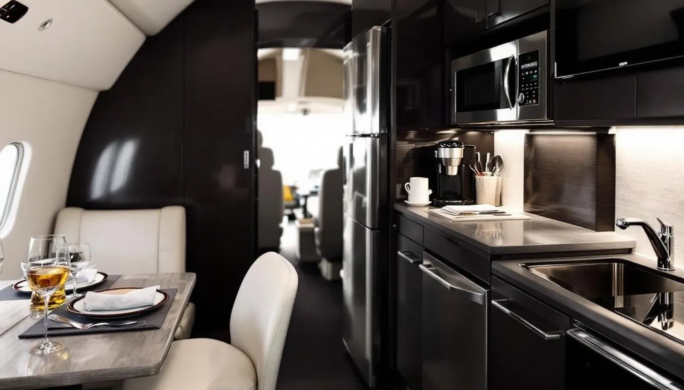 The image depicts the elegant galley and dining area of a private jet, showcasing full kitchen facilities and a sophisticated dining setup designed for 16 passengers. The spacious interior reflects luxury and comfort, enhancing the in-flight experience with personalized service and ample room for relaxation.