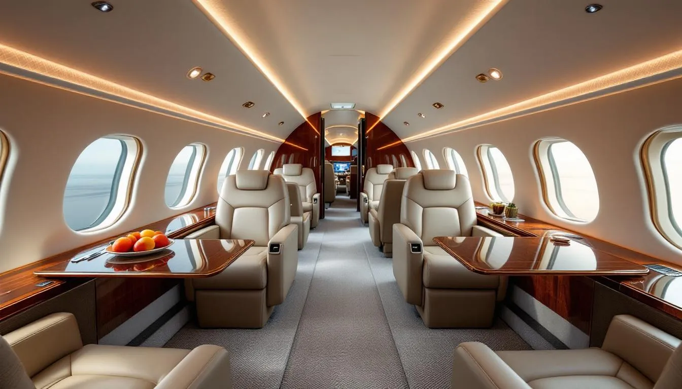 The image depicts the luxurious interior of a private jet cabin designed for 16 passengers, featuring a spacious seating arrangement and multiple living areas that enhance the in-flight experience. The elegant design includes ample room for relaxation and personalized service, highlighting the comforts of a Gulfstream aircraft.