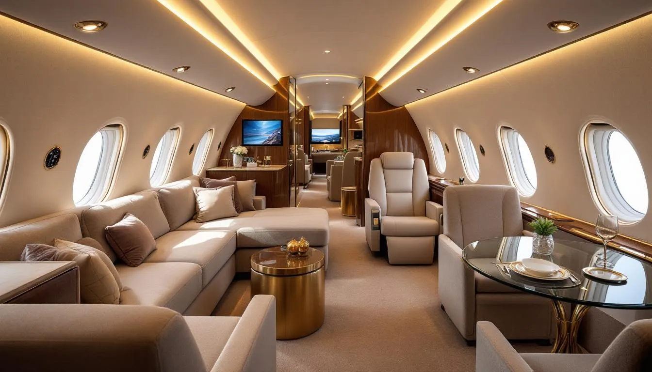 The image depicts a spacious private jet cabin interior designed for luxury and comfort, featuring multiple seating areas that can comfortably accommodate a group of passengers. Elegant appointments and amenities enhance the private jet travel experience, making it ideal for international flights and personalized service.