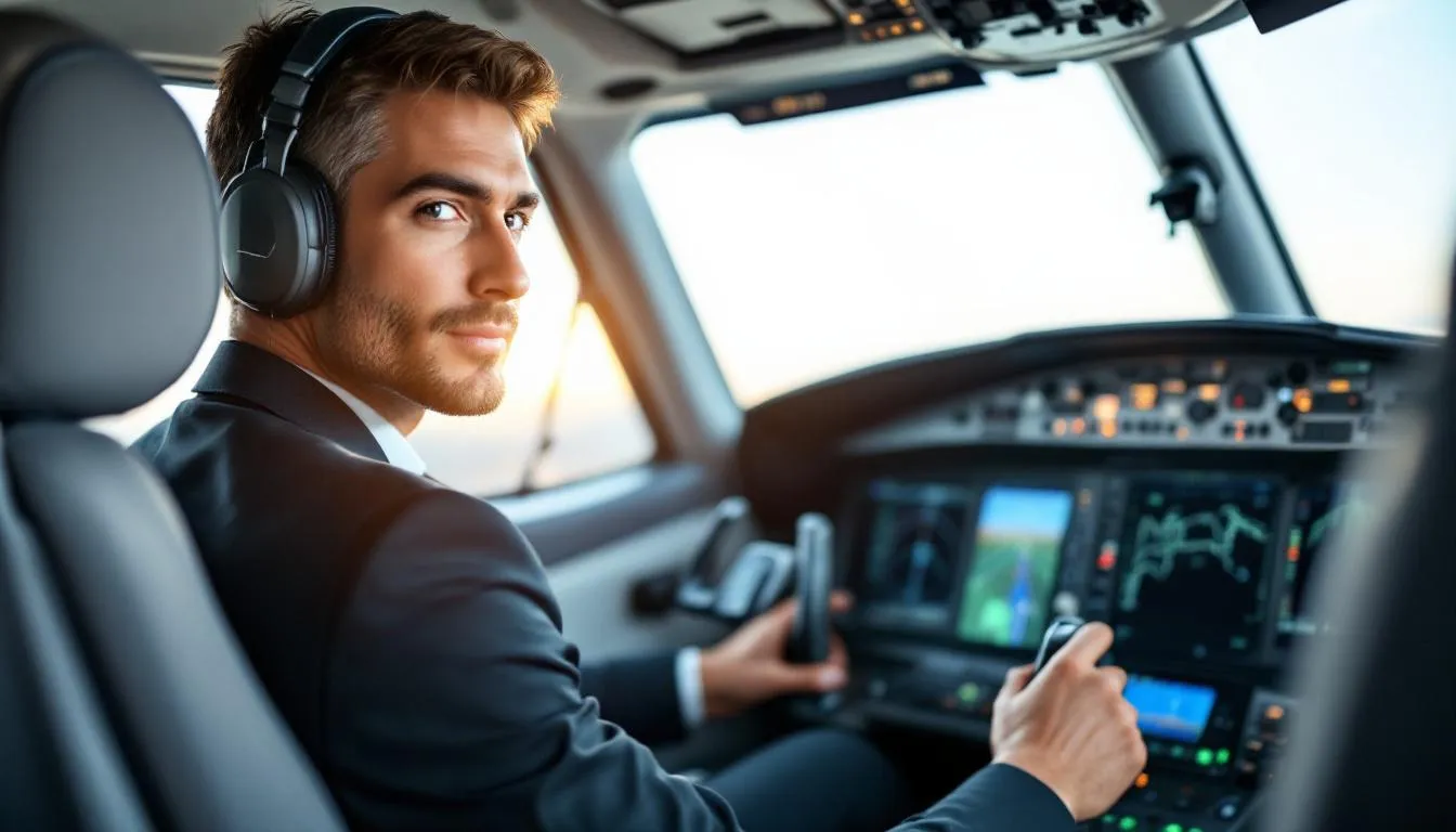 A professional pilot is seated in the cockpit of a large private jet, showcasing advanced avionics and controls that ensure a safe and efficient flight experience. This luxurious aircraft, designed for private jet travel, features spacious cabins and is capable of comfortably accommodating multiple passengers for international flights.