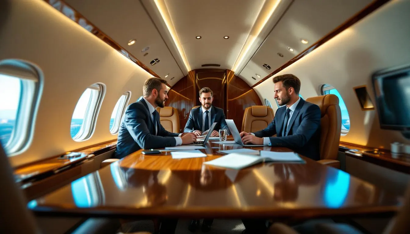 A group of business executives is seated in a spacious cabin aboard a private jet, engaged in discussions during flight. The luxurious interior is designed for comfort, featuring modern amenities that enhance the private jet travel experience, making it ideal for their next trip and ensuring client satisfaction.
