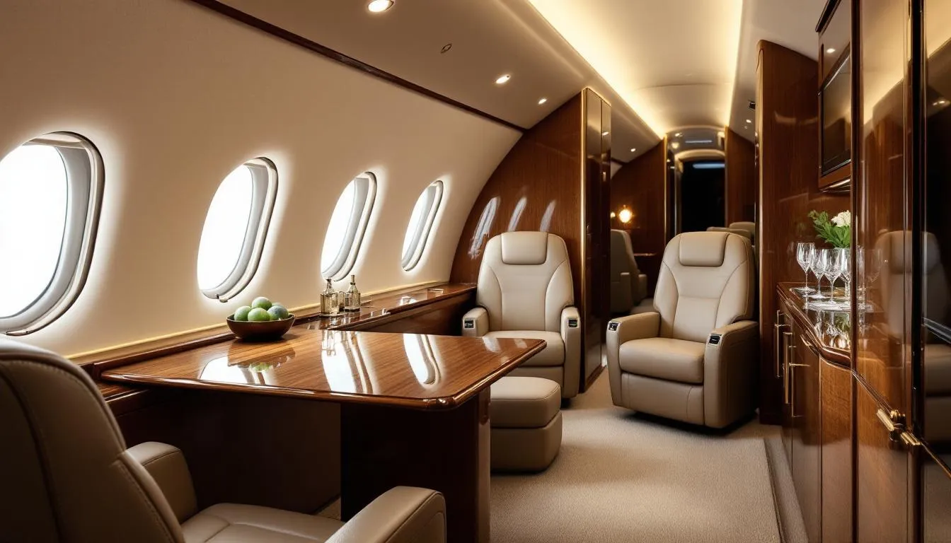 The image depicts the spacious interior of a luxurious private jet cabin, featuring conference seating designed for business meetings and relaxation. With high-end amenities, personalized service, and a focus on cabin comfort, this aircraft offers an ultimate flying experience for passengers.