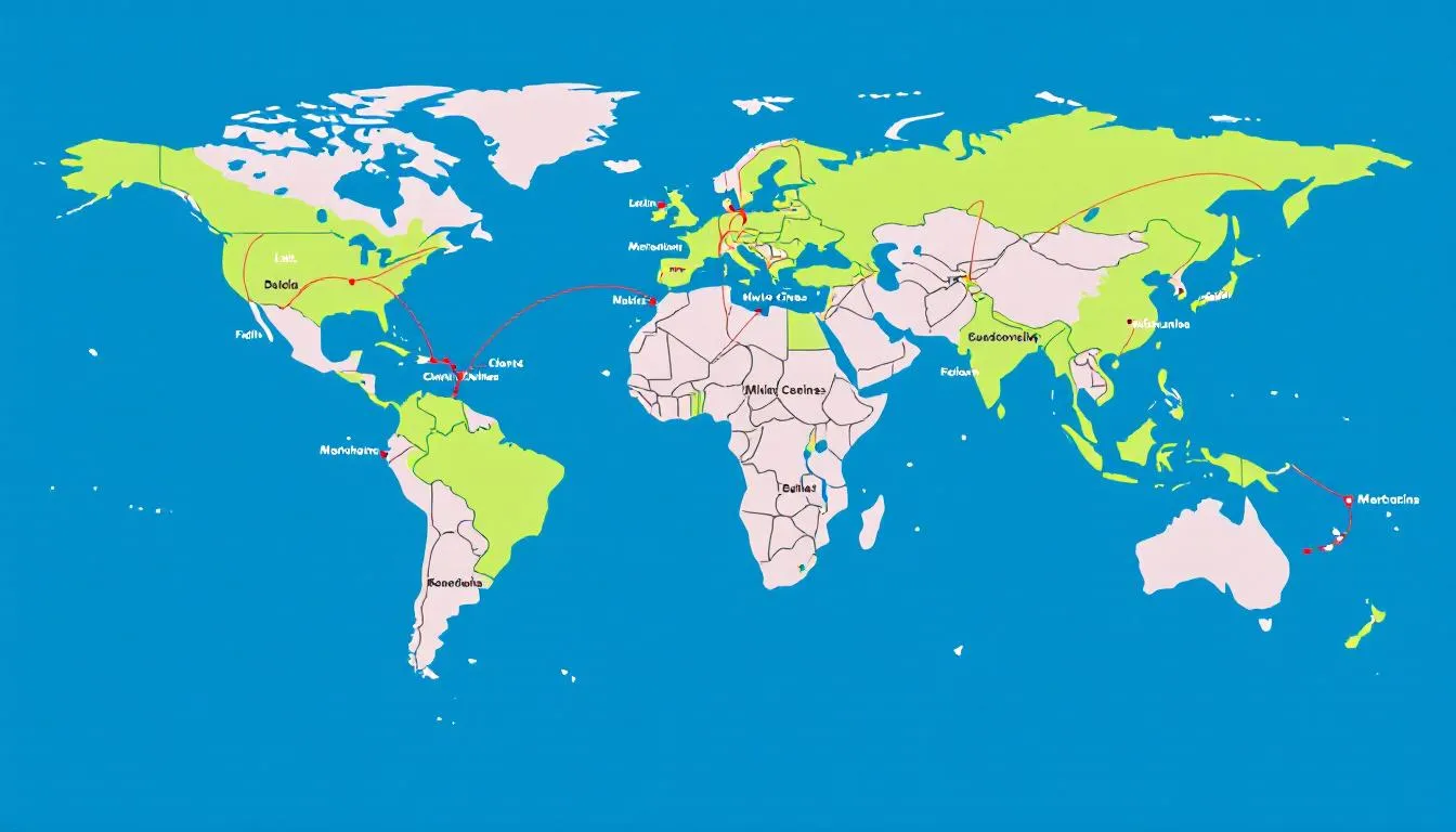 The image depicts a world map illustrating various international flight routes connecting major cities across the globe, highlighting the extensive travel options available for passengers. The routes emphasize the capabilities of luxury aircraft, enabling travelers to explore destinations with maximum efficiency and comfort.