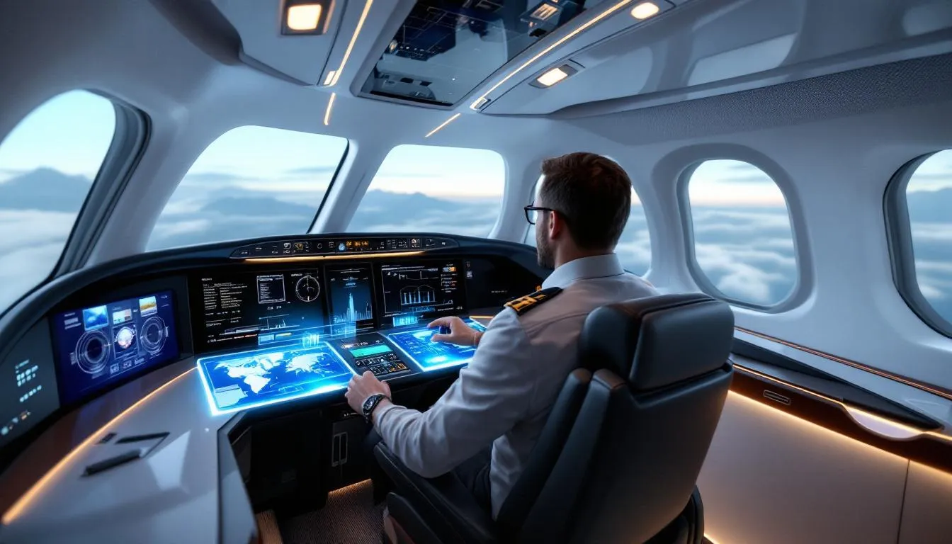 The image showcases an advanced private jet cockpit, featuring modern avionics and flight displays that enhance safety and efficiency during flight. This high-tech environment is designed to provide maximum comfort and capabilities for the crew, ensuring a luxurious flying experience for passengers.