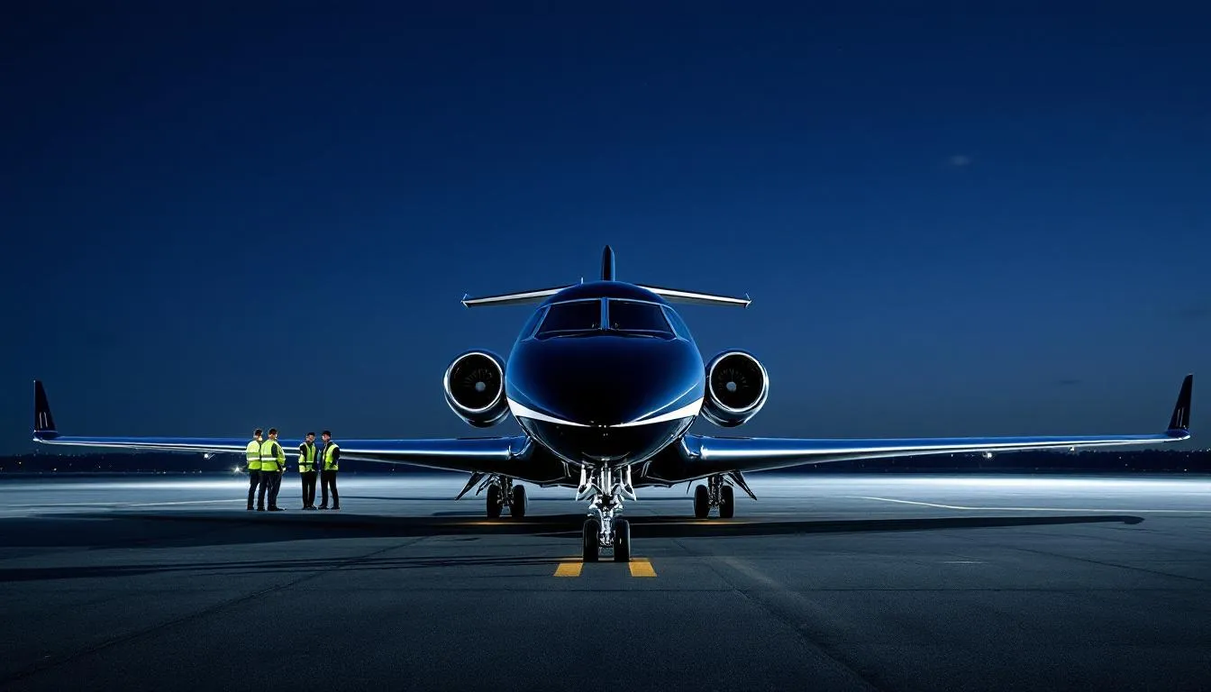 A modern private jet stands on the tarmac, showcasing its sleek exterior design. This business aviation aircraft is built for maximum comfort and efficiency, featuring a spacious and luxurious cabin ideal for private flights and long haul journeys.
