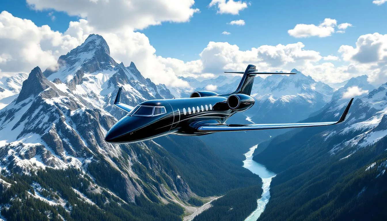 A private jet is soaring high above a breathtaking mountainous landscape, showcasing its sleek design and impressive speed. The image captures the essence of business aviation, highlighting the luxurious cabin and spacious interior that promise ultimate comfort for passengers on their private flight.