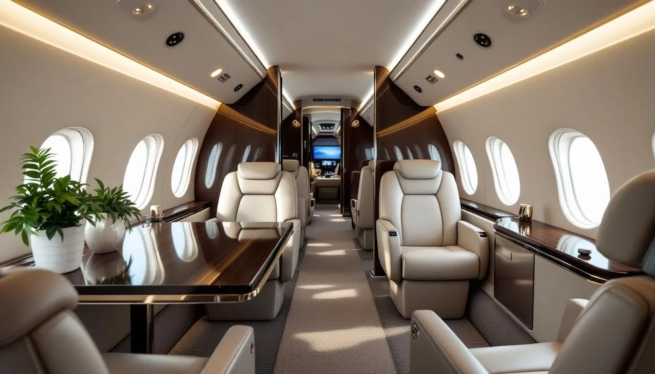 The image depicts a spacious and luxurious cabin of a private jet, featuring a stylish dining area and comfortable business seating designed for maximum comfort during flights. The interior is elegantly appointed, showcasing the ultimate luxury in business aviation for both relaxation and productivity.