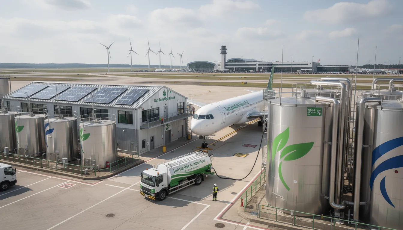 The image depicts a modern sustainable aviation fuel facility where private jets are being refueled, showcasing advanced technology in eco-friendly aviation. In the background, several aircraft are visible, emphasizing the facility's role in supporting the sale and operation of pre-owned aircraft.