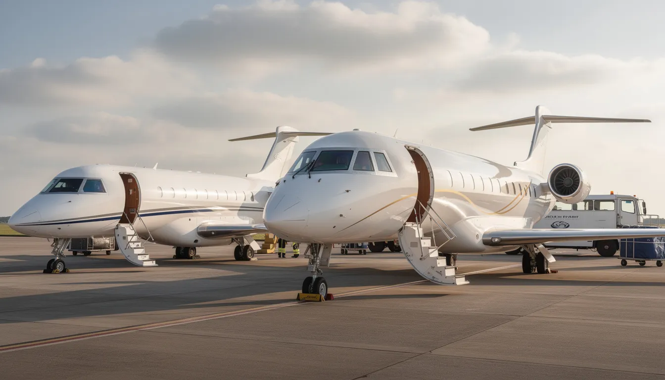 The image showcases a large cabin ultra-long range private jet, highlighting its spacious interior designed for comfort and luxury. This pre-owned aircraft is listed for sale, offering a glimpse into the elegant design and advanced features that cater to discerning travelers.
