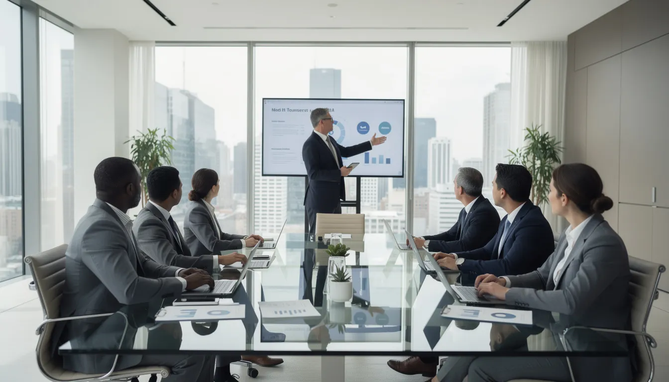 In a modern office setting, a group of professionals engages in a consultation meeting, discussing private aviation options, including private jets and aircraft sales. The atmosphere is focused and collaborative, with charts and documents related to purchasing decisions and aircraft management visible on the table.