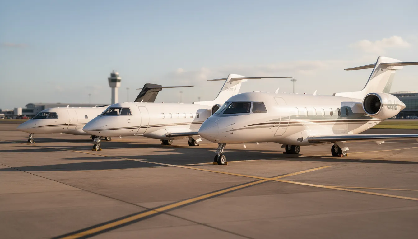 The image showcases a comparison view of various sized private jets parked on an airport tarmac, highlighting the differences in their dimensions and designs. This visual representation emphasizes the diversity in private aviation, catering to different passenger needs and preferences in the market for private jet aircraft.