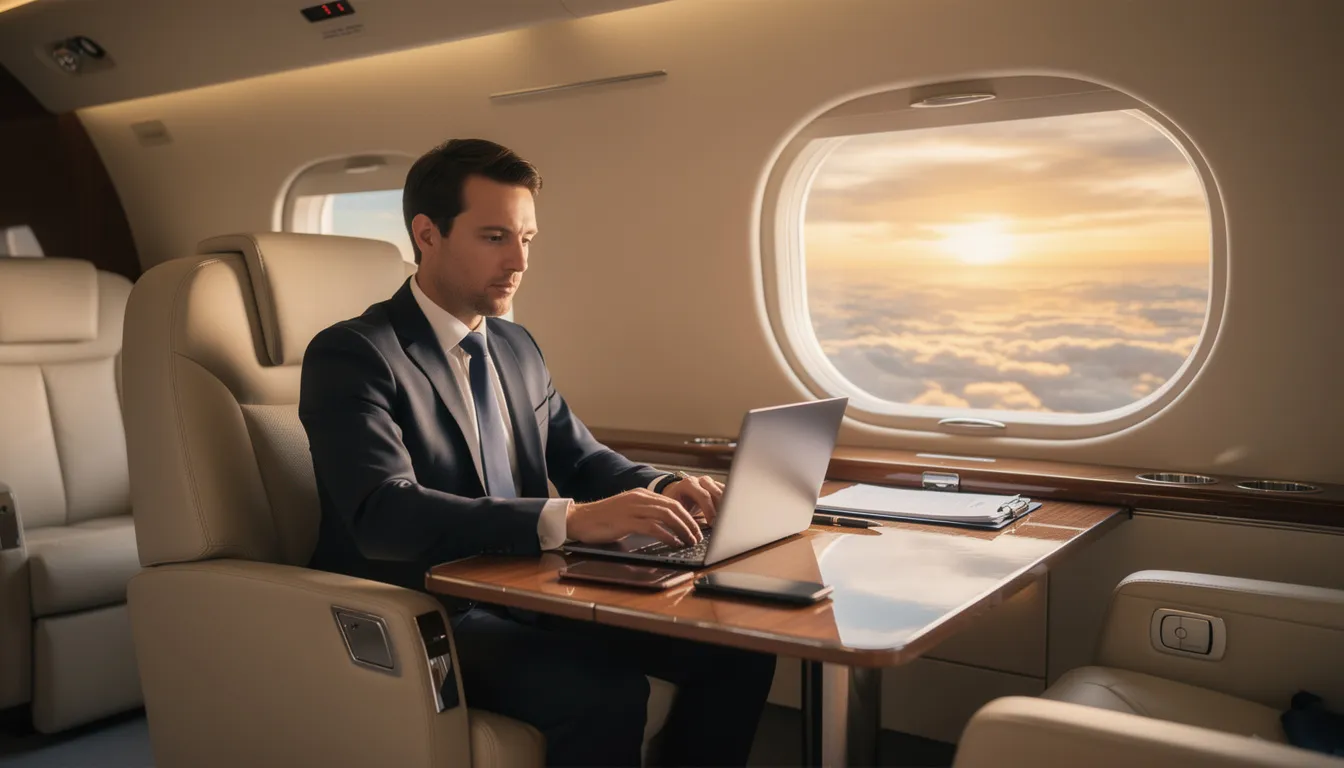 An executive is seated comfortably in the cabin of a private jet aircraft, focused on work while in flight. The luxurious interior features plush seating and modern amenities, showcasing the convenience and productivity that private aviation offers to busy professionals.