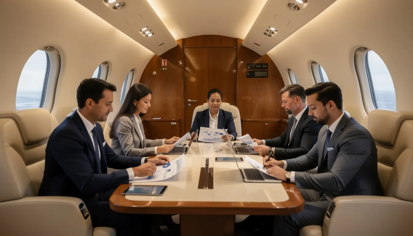 In a spacious private jet cabin, an executive team is engaged in reviewing important documents, highlighting the blend of comfort and productivity that private aviation offers. The interior of the aircraft is designed for business efficiency, allowing passengers to focus on their work while flying.