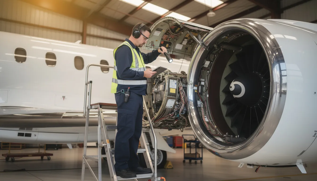 An aircraft maintenance technician is closely inspecting the engine of a private jet, ensuring its reliability and efficiency for safe flight. The scene highlights the importance of service and maintenance in the private aviation industry, where attention to detail is crucial for customer satisfaction and safety.