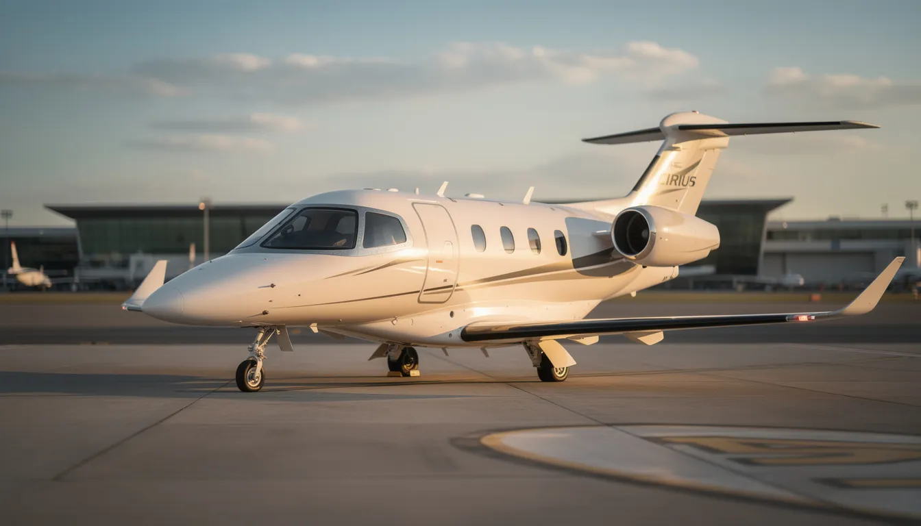 A modern Cirrus Vision Jet is parked on the airport tarmac, showcasing its sleek design and advanced winglets. This private jet represents cutting-edge technology in private aviation, ideal for efficient travel and luxury flying experiences.