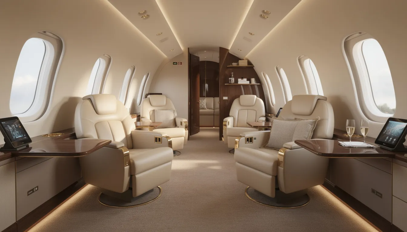The image showcases the luxurious interior of a private jet, featuring custom seating arrangements and an elegant cabin design that highlights the comfort and sophistication of private aviation. The plush materials and thoughtful layout create an inviting atmosphere for passengers, making it an ideal space for both business and leisure travel.