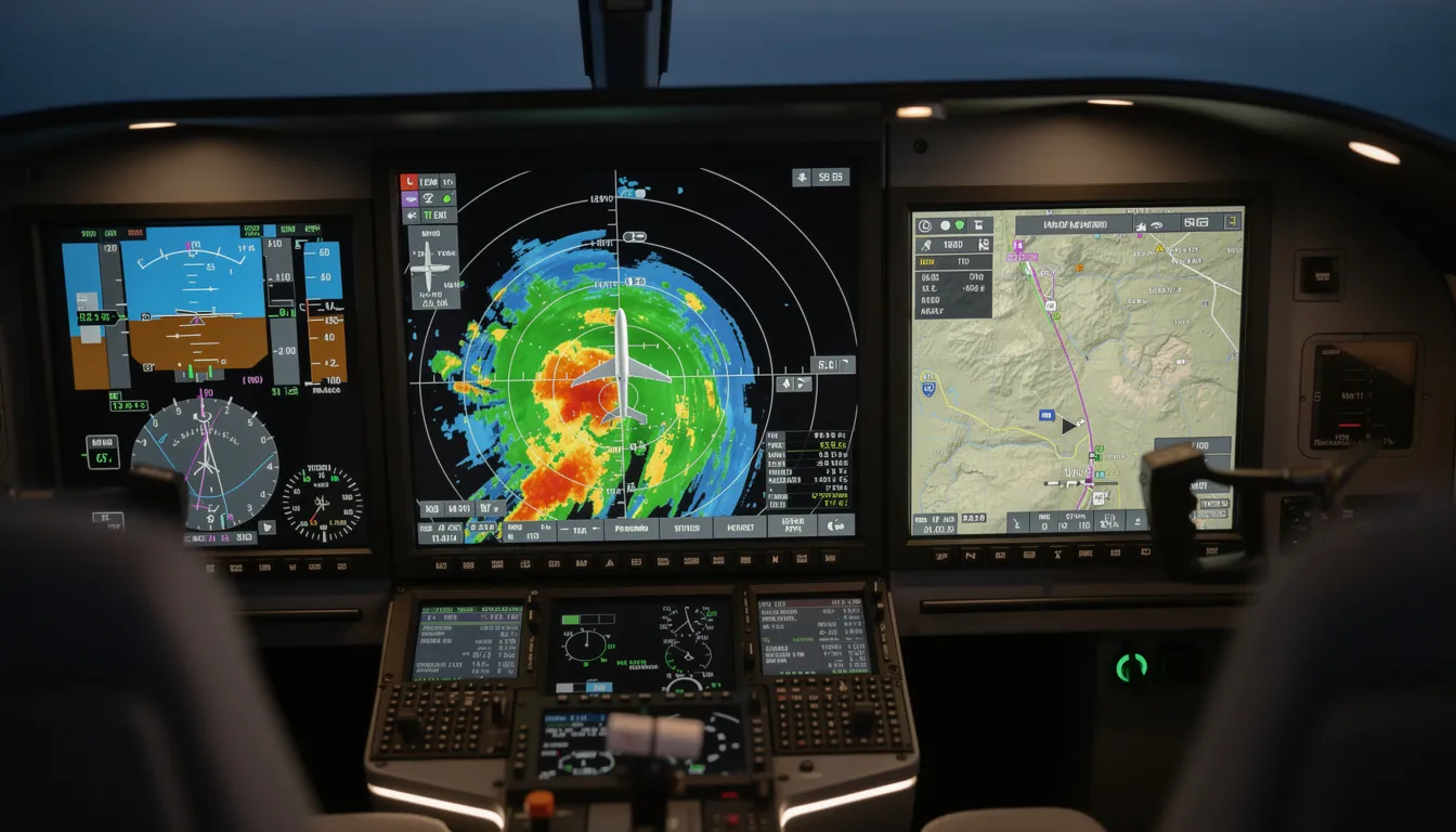 The image features an advanced glass cockpit display in a business jet, showcasing detailed weather radar and navigation systems, essential for efficient flight operations. This high-tech panel enhances the flying experience for passengers and pilots alike, reflecting the sophistication of private aviation.