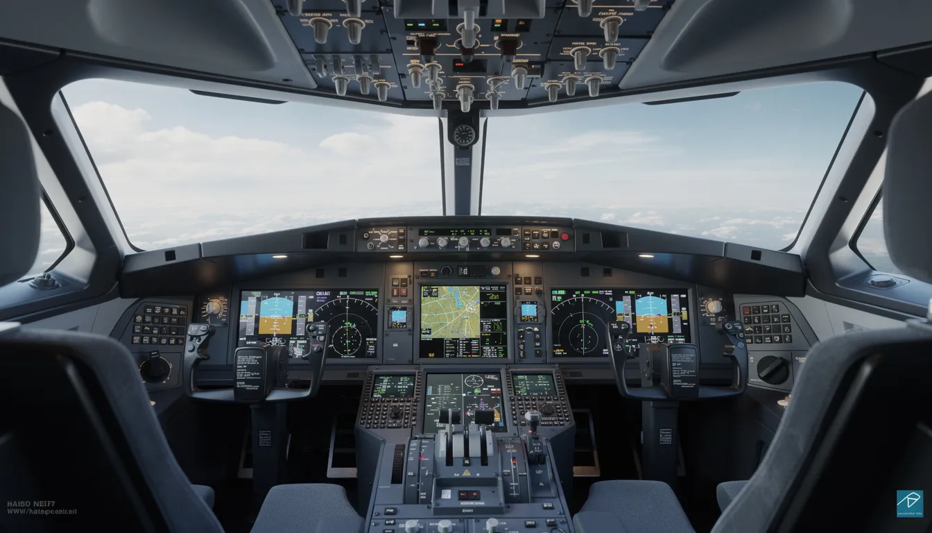 The image depicts an advanced aircraft cockpit featuring modern digital displays and controls, showcasing the high-tech environment typical in private jets. This sophisticated setup is essential for pilots operating light jets and managing flight plans efficiently in private aviation.